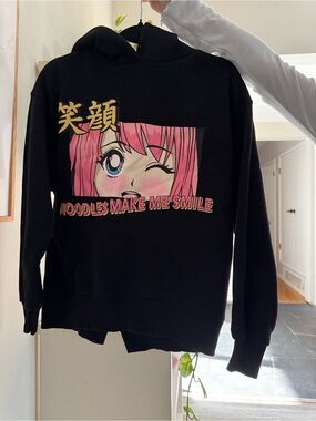 Zara Black Hoodie with Pink Anime Graphic and Yellow Accents